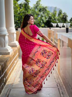 Soft paithani silk blend saree with zari weaving meenakari motif design 2