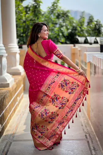 Soft paithani silk blend saree with zari weaving meenakari motif design