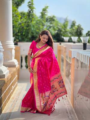 Soft paithani silk blend saree with zari weaving meenakari motif design 3