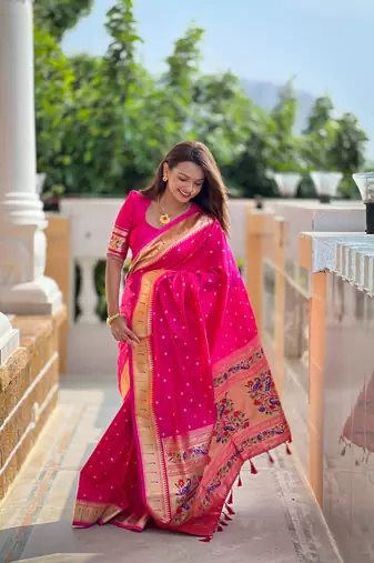 Soft paithani silk blend saree with zari weaving meenakari motif design
