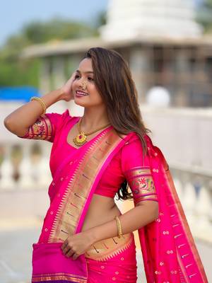 Soft paithani silk blend saree with zari weaving meenakari motif design 4