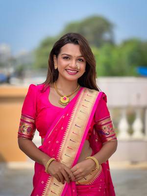 Soft paithani silk blend saree with zari weaving meenakari motif design 5