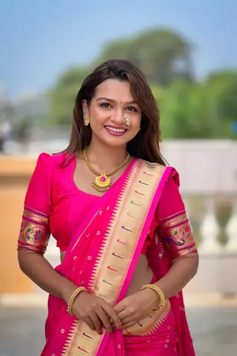 Soft paithani silk blend saree with zari weaving meenakari motif design