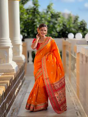 Soft paithani silk blend saree with zari weaving meenakari motif design 1