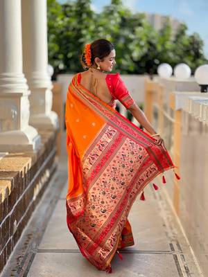 Soft paithani silk blend saree with zari weaving meenakari motif design 3