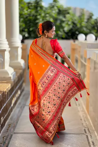 Soft paithani silk blend saree with zari weaving meenakari motif design