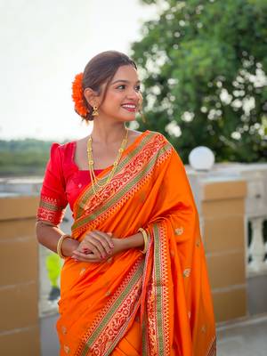 Soft paithani silk blend saree with zari weaving meenakari motif design 4