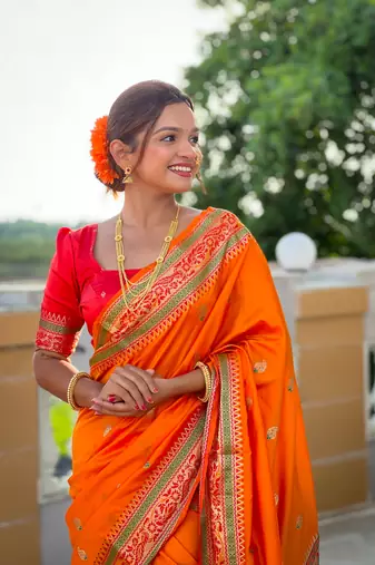 Soft paithani silk blend saree with zari weaving meenakari motif design