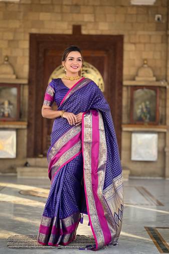 Soft silk blend saree with zari weaving chex design all over saree