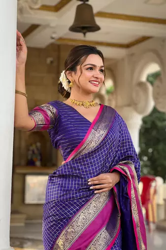 Soft silk blend saree with zari weaving chex design all over saree