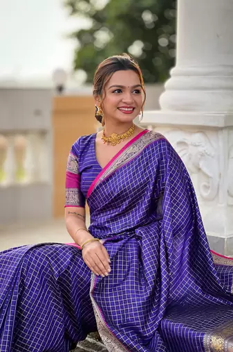 Soft silk blend saree with zari weaving chex design all over saree