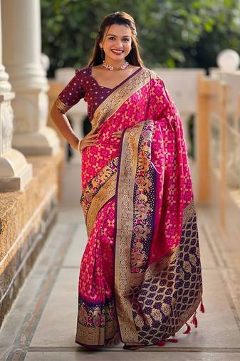 Soft silk blend saree with zari weaving meenakari bandhani design all over saree