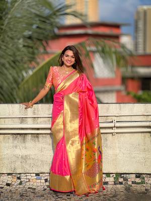 Soft paithani silk blend saree with zari weaving motif design 1
