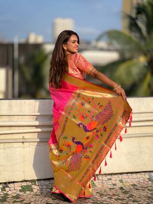 Soft paithani silk blend saree with zari weaving motif design 3
