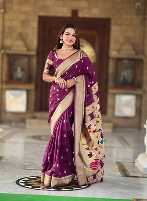 Soft paithani silk blend saree with zari weaving motif design 1