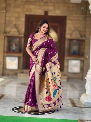 Soft paithani silk blend saree with zari weaving motif design 2