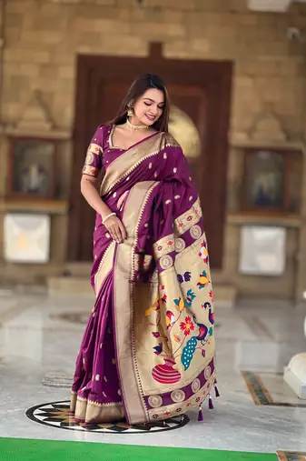 Soft paithani silk blend saree with zari weaving motif design
