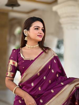 Soft paithani silk blend saree with zari weaving motif design 4