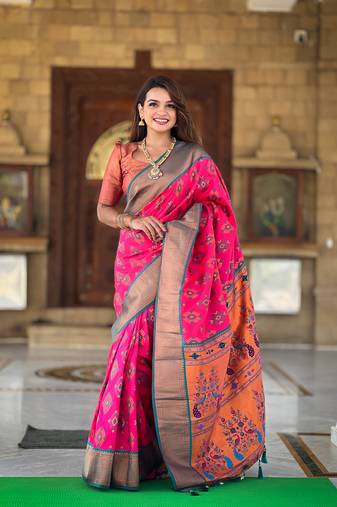 Soft paithani silk blend saree with zari weaving patola design