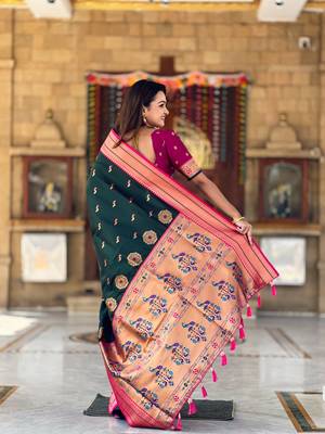 Soft paithani silk blend saree with zari weaving motif design 3