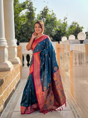 Soft paithani silk blend saree with zari weaving motif design 3
