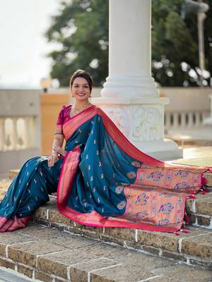 Soft paithani silk blend saree with zari weaving motif design 5