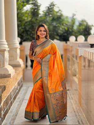 Soft paithani silk blend saree with zari weaving motif design 1