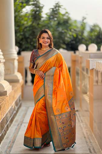 Soft paithani silk blend saree with zari weaving motif design