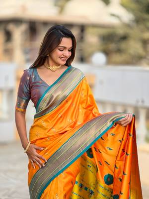 Soft paithani silk blend saree with zari weaving motif design 3