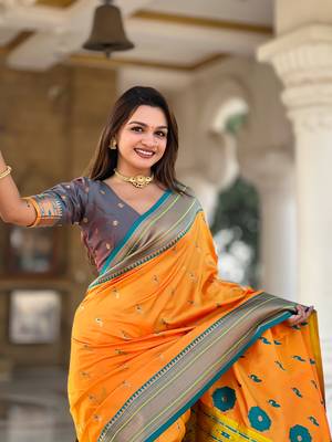 Soft paithani silk blend saree with zari weaving motif design 4
