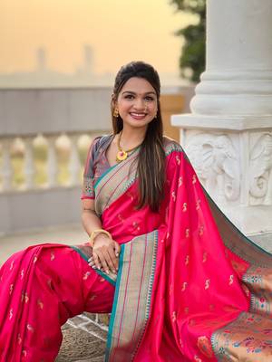 Soft paithani silk blend saree with zari weaving motif design 5