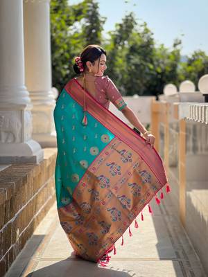 Soft paithani silk blend saree with zari weaving motif design 3