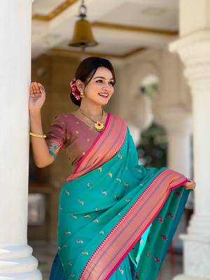 Soft paithani silk blend saree with zari weaving motif design 4
