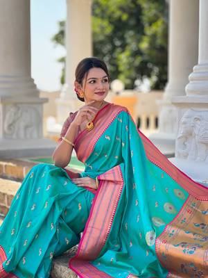 Soft paithani silk blend saree with zari weaving motif design 5
