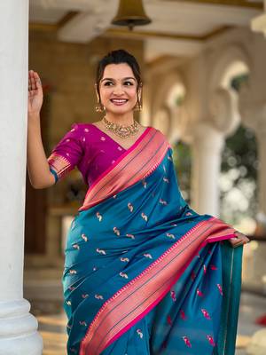 Soft paithani silk blend saree with zari weaving motif design 4