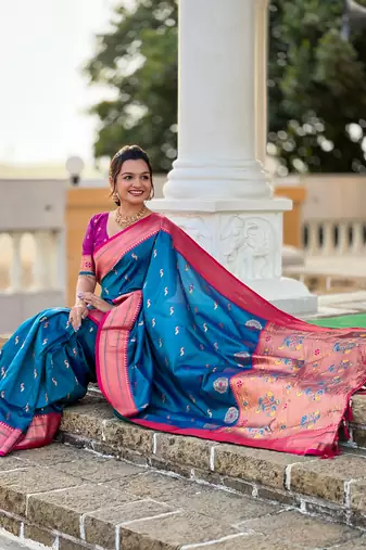 Soft paithani silk blend saree with zari weaving motif design