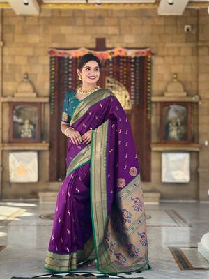 Soft paithani silk blend saree with zari weaving motif design 1