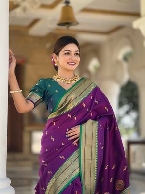 Soft paithani silk blend saree with zari weaving motif design 3