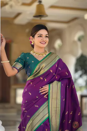 Soft paithani silk blend saree with zari weaving motif design