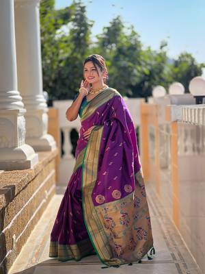 Soft paithani silk blend saree with zari weaving motif design 4