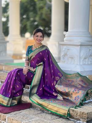 Soft paithani silk blend saree with zari weaving motif design 5