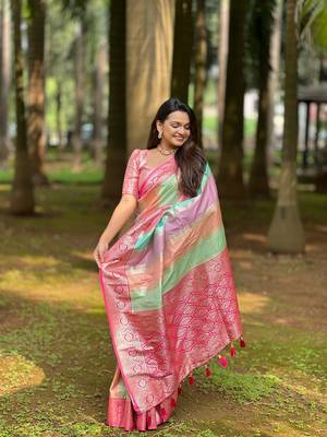 Soft silk blend saree with zari weaving meenakari saree & zari weaving contrast rich pallu with blouse piece 2
