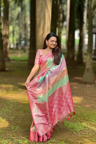 Soft silk blend saree with zari weaving meenakari saree & zari weaving contrast rich pallu with blouse piece