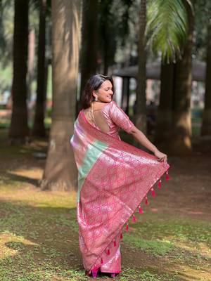 Soft silk blend saree with zari weaving meenakari saree & zari weaving contrast rich pallu with blouse piece 3