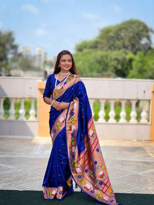 Soft paithani silk blend saree with zari weaving motif design 1