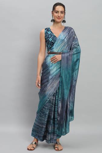 blue Striped satin ready to wear saree