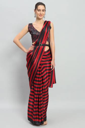 red Striped satin ready to wear saree