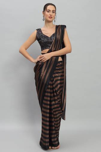 Brown Striped satin ready to wear saree