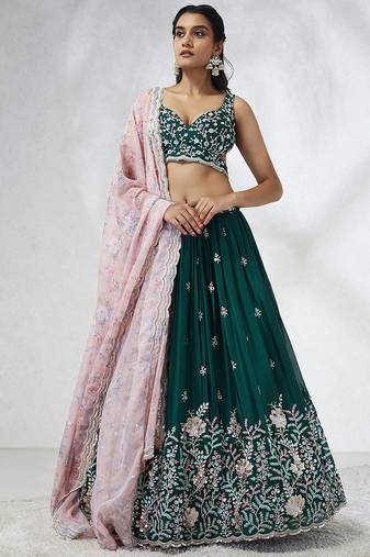 dark green Chiffon Embroidery work Lehenga Choli with Floral Print Dupatta for Women