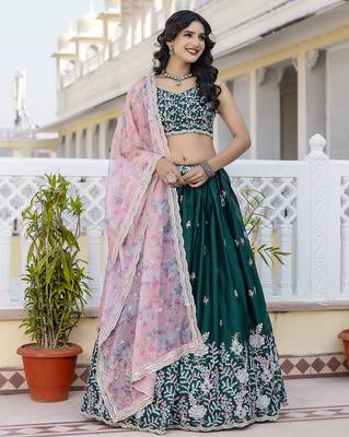 dark green Chiffon Embroidery work Lehenga Choli with Floral Print Dupatta for Women 1